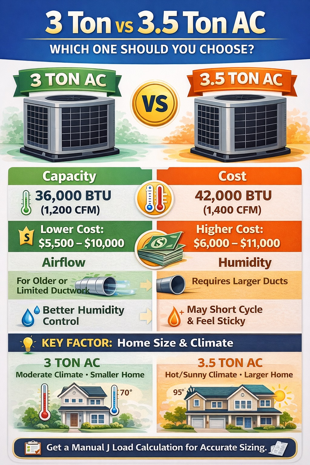 3 ton vs 3.5 ton AC comparison chart showing BTU capacity, airflow, cost and humidity differences