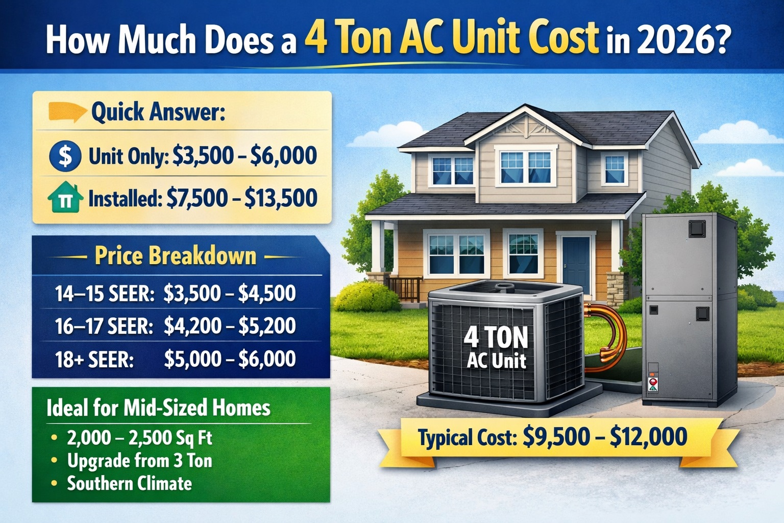 4 ton AC unit cost in 2026 infographic showing unit price $3,500–$6,000 and installed cost $7,500–$13,500 for 2,000–2,500 sq ft homes