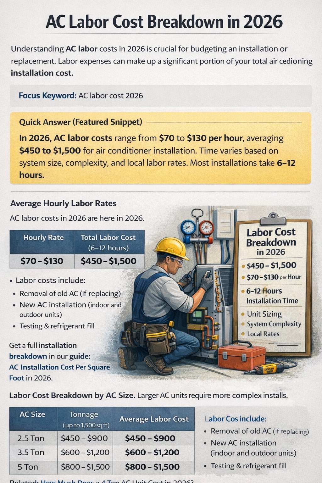AC labor cost 2026 infographic showing $70–$130 hourly HVAC installation rates and total labor cost between $450 and $1,500