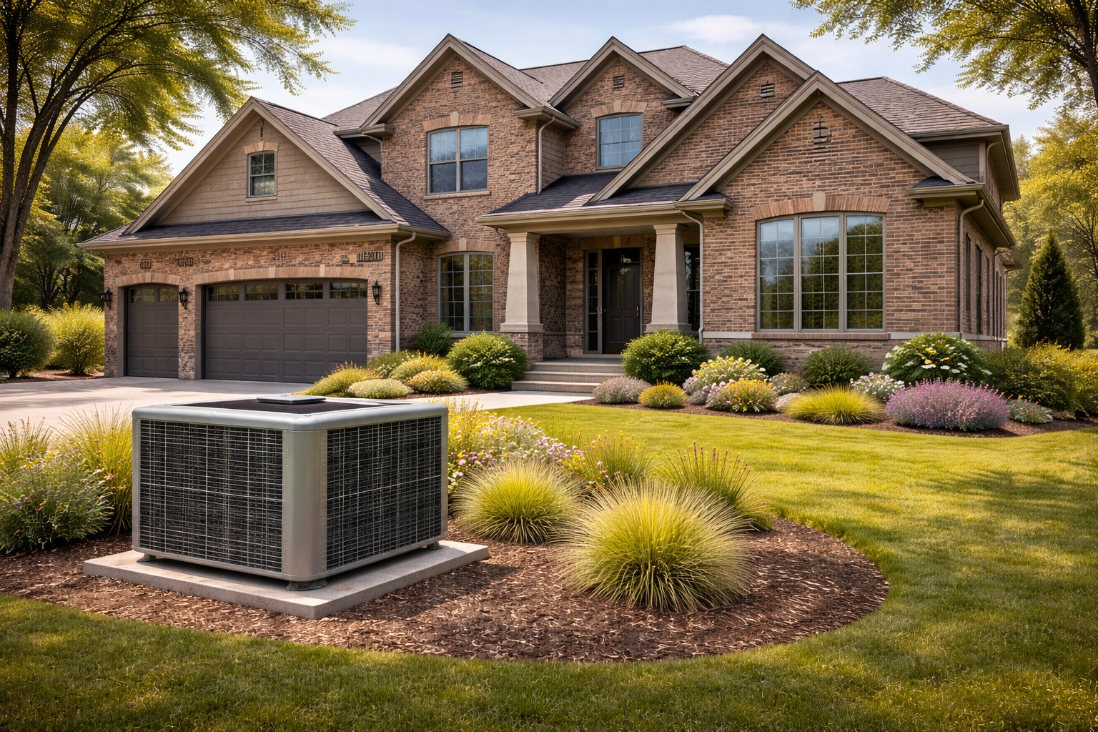 4–5 ton central air conditioning unit outside a 2500 sq ft two-story brick home