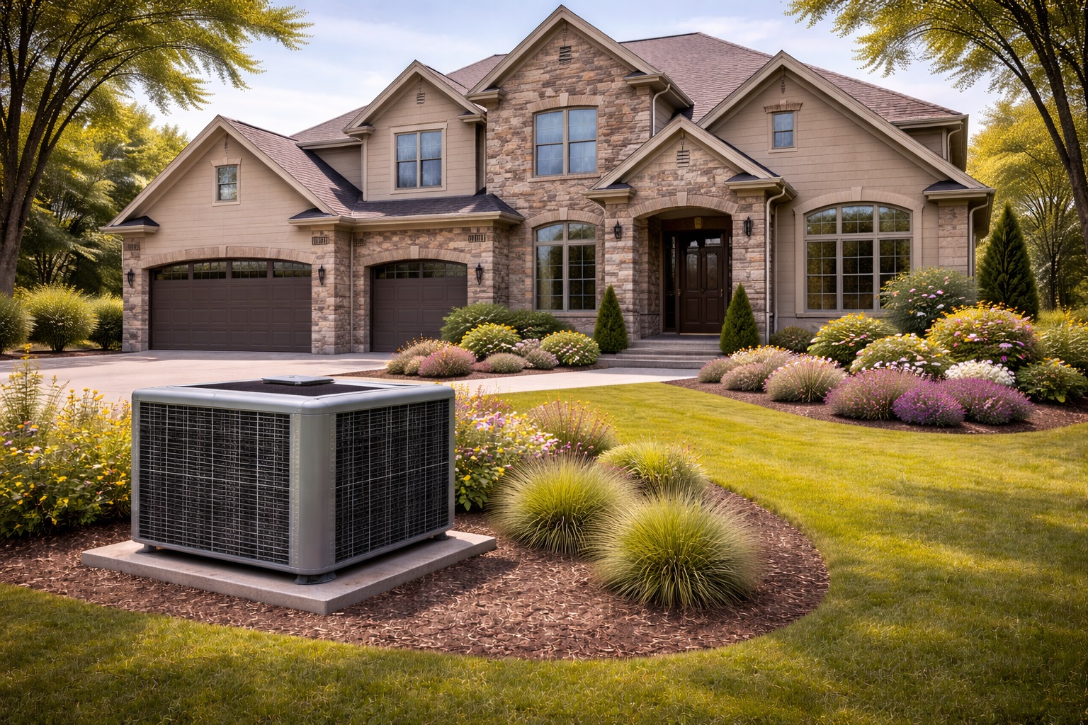 5–6 ton central air conditioning unit outside a 3000 sq ft two-story suburban home