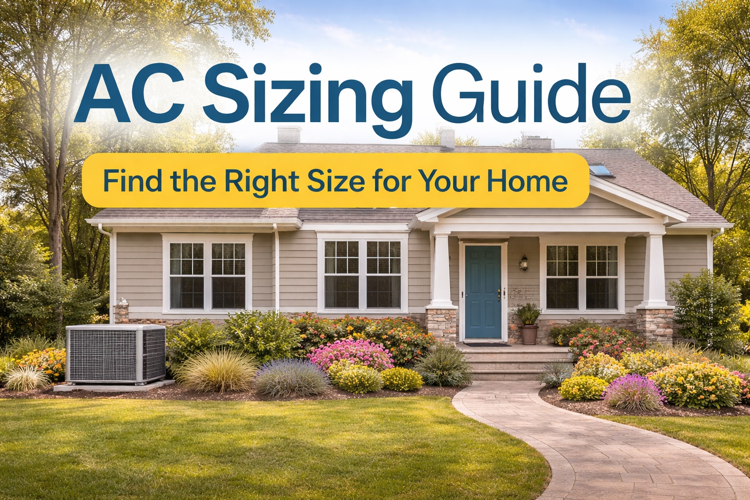 air conditioner sizing guide showing outdoor central AC unit and suburban house