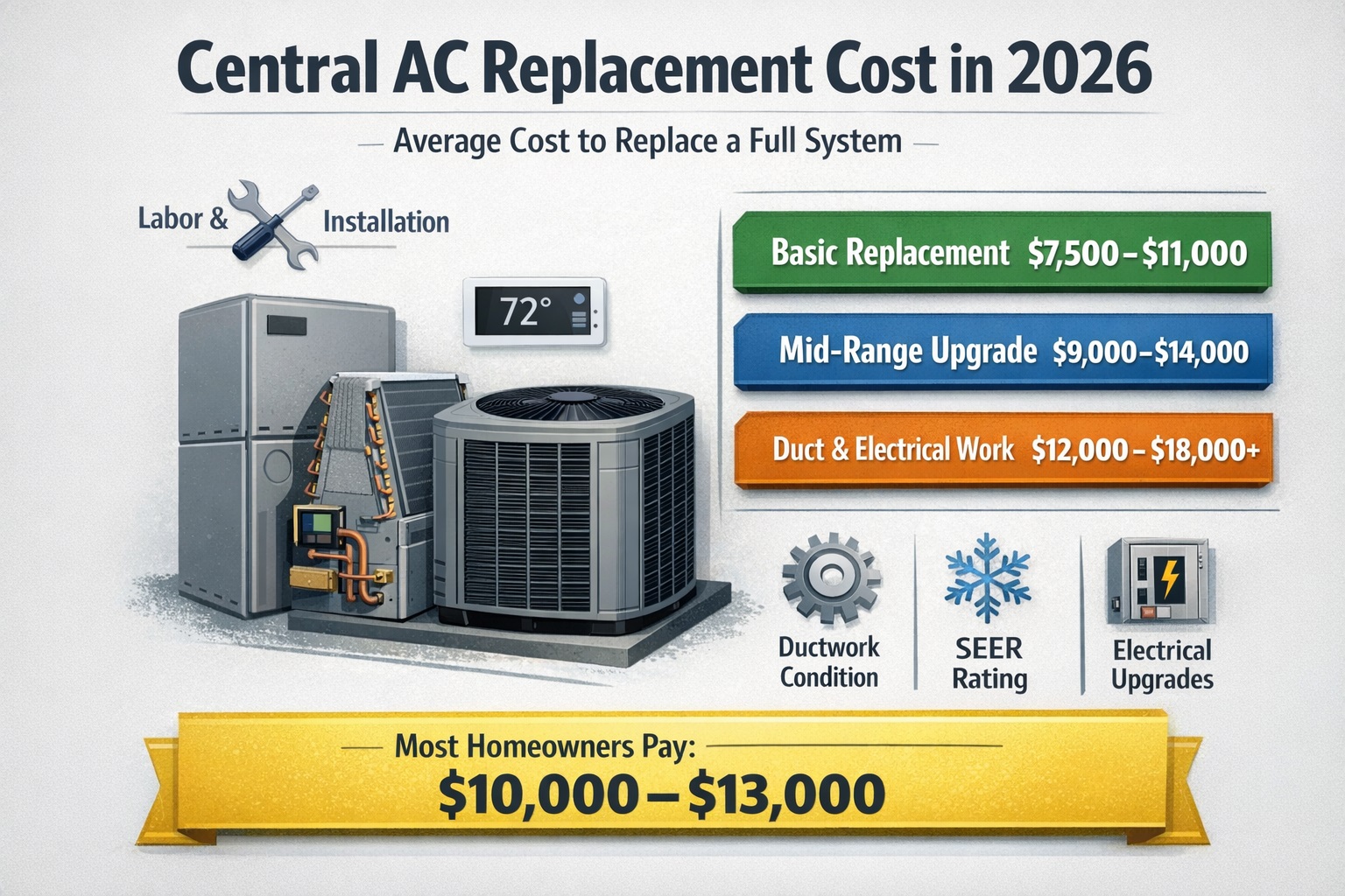Central AC replacement cost in 2026 infographic showing average full system replacement price between $7,500 and $15,000 including duct and electrical upgrades