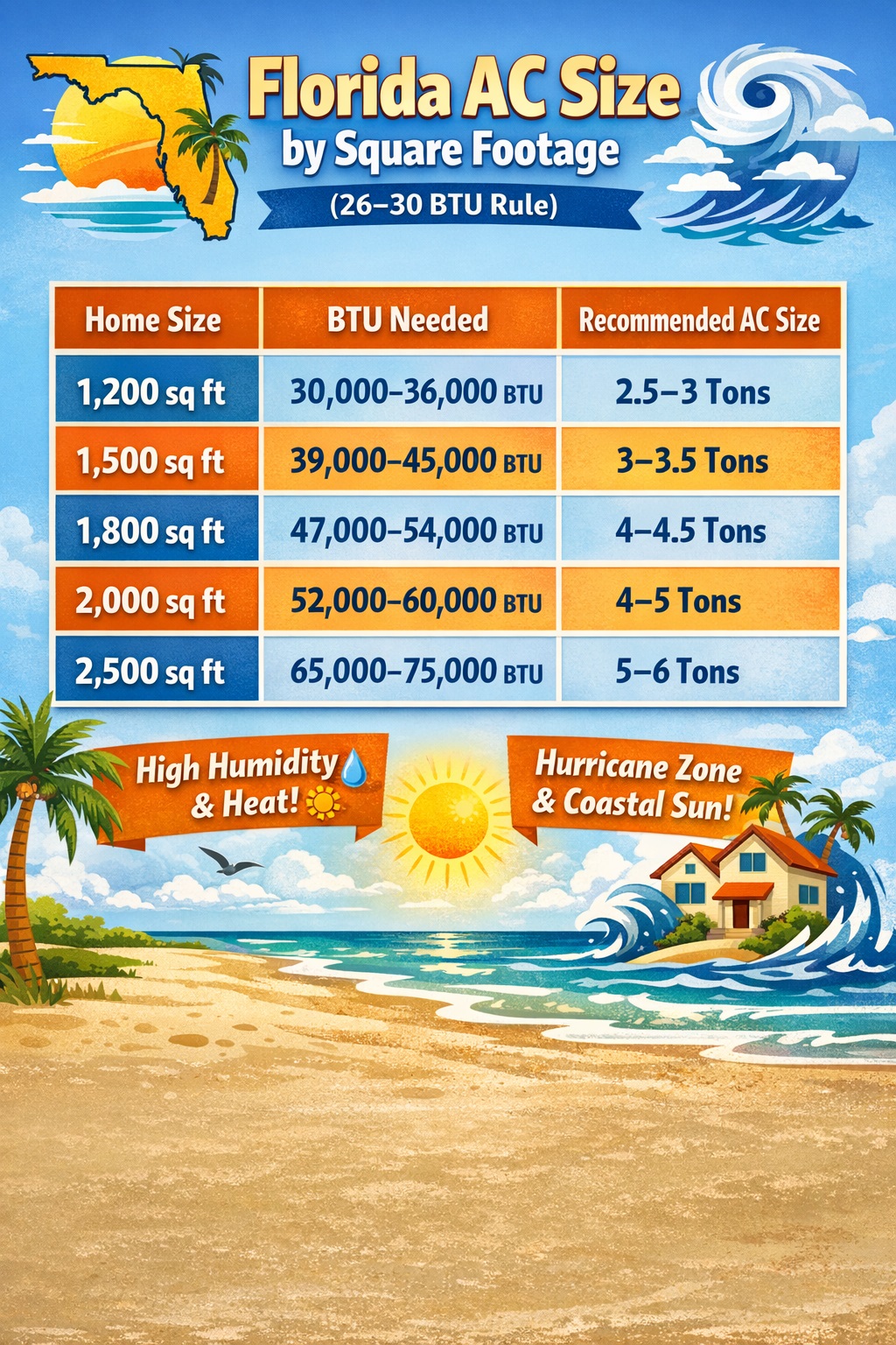 Florida AC size chart showing BTU and tonnage recommendations by square footage